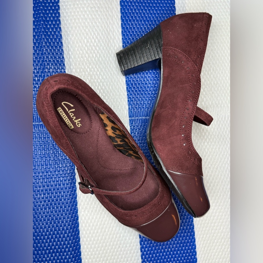 Clarks Burgundy Suede Mary Jane Heels